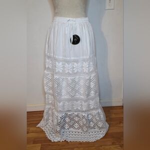 Women's Maxi White Tiered Lace Skirt Cotton 100% Beach Summer L Boho Bohemian